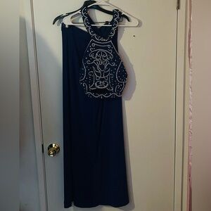 Navy Beaded Halter Evening Dress